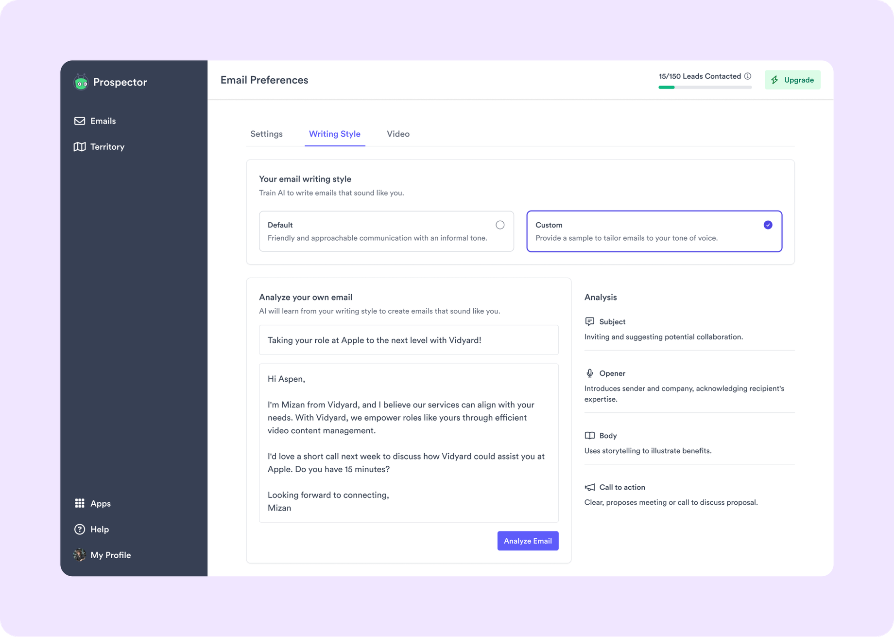The Writing Style tab — train the agent on a sample of your own email so drafts sound like you, with a per-section analysis